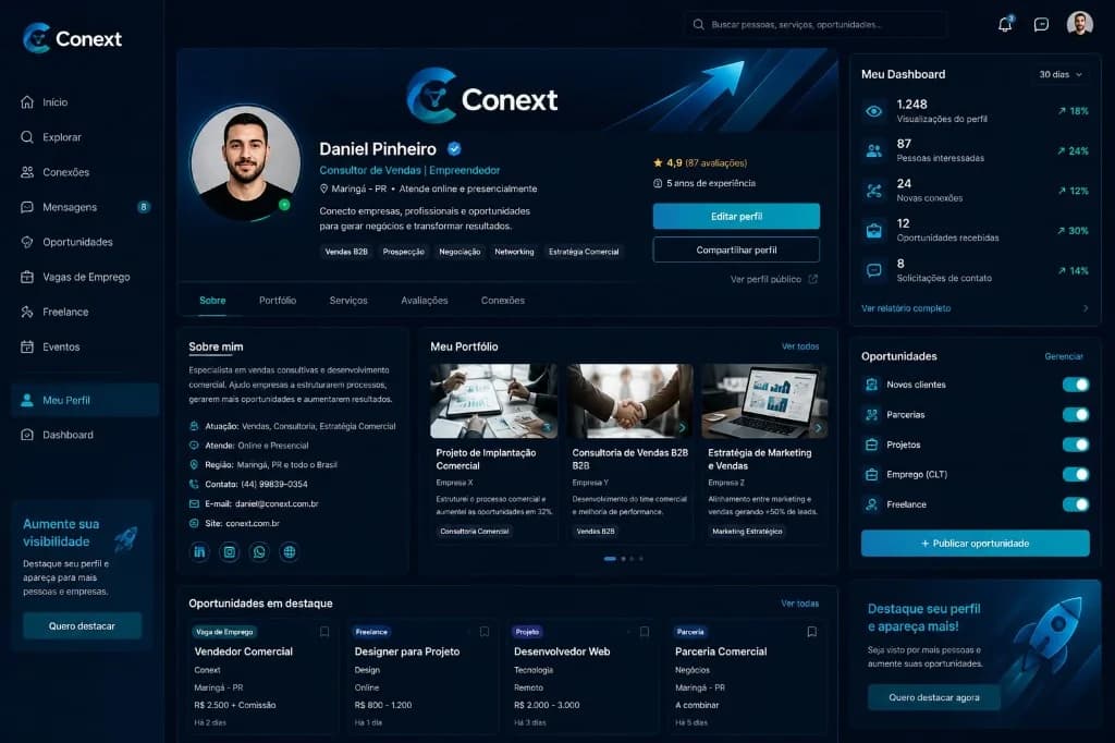 Prévia do perfil da empresa no computador: Daniel Pinheiro, consultor em Maringá, com nome, ofício e cidade no mesmo lugar.